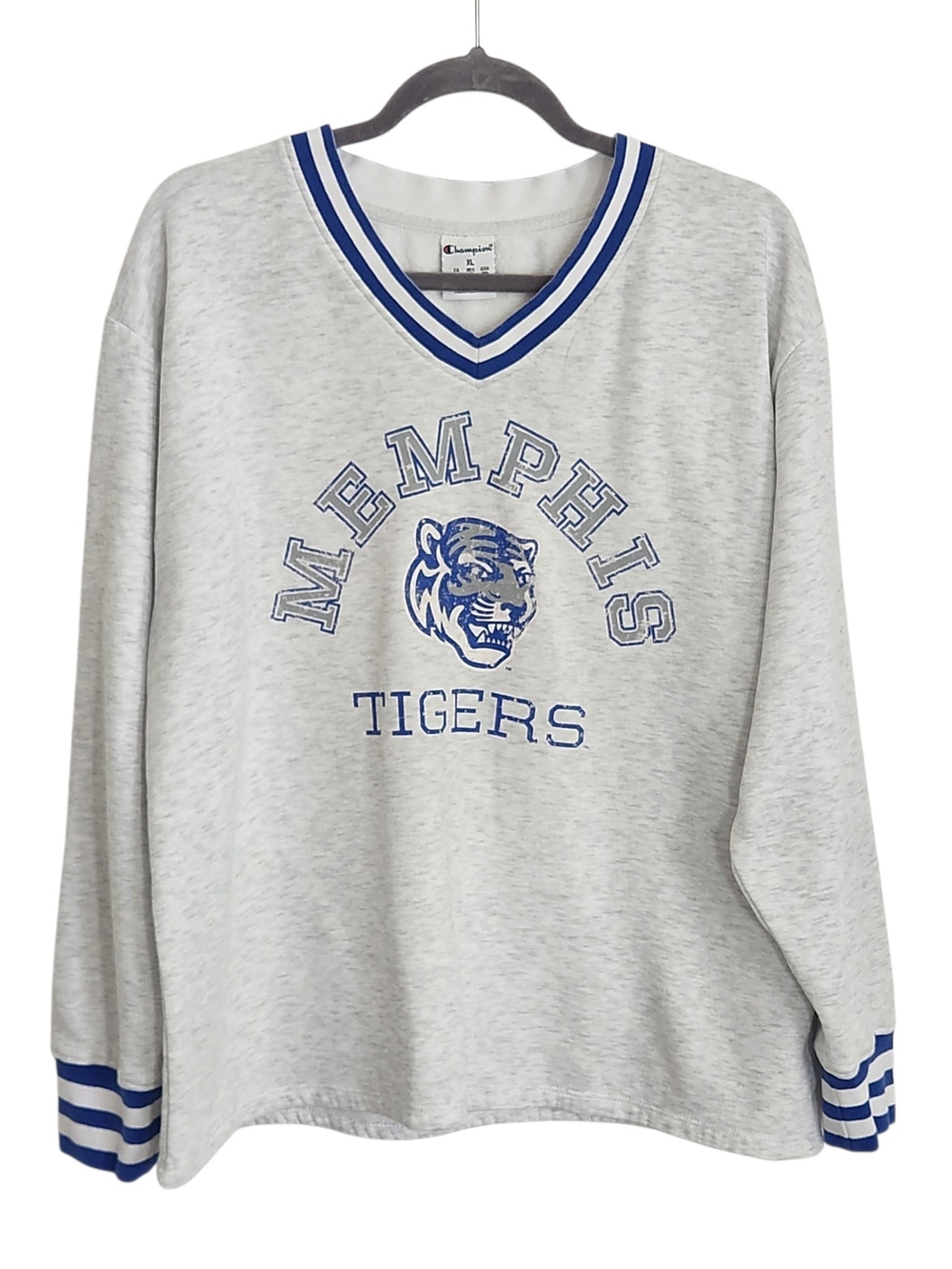 Champion Womens Memphis Tigers Gray and Blue V-Neck Pullover Sweatshirt Size XL